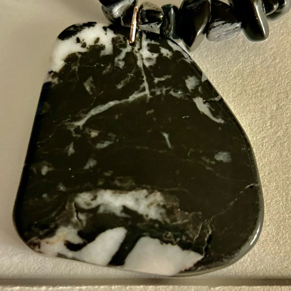 Vintage Necklace Lion Cub hand-carved Jasper stone, Snowflake Obsidian beads